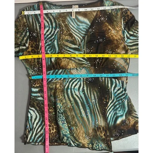 Vintage Y2K Top M Babydoll Rhinestone detail Asymmetrical Animal Print - Picture 7 of 7